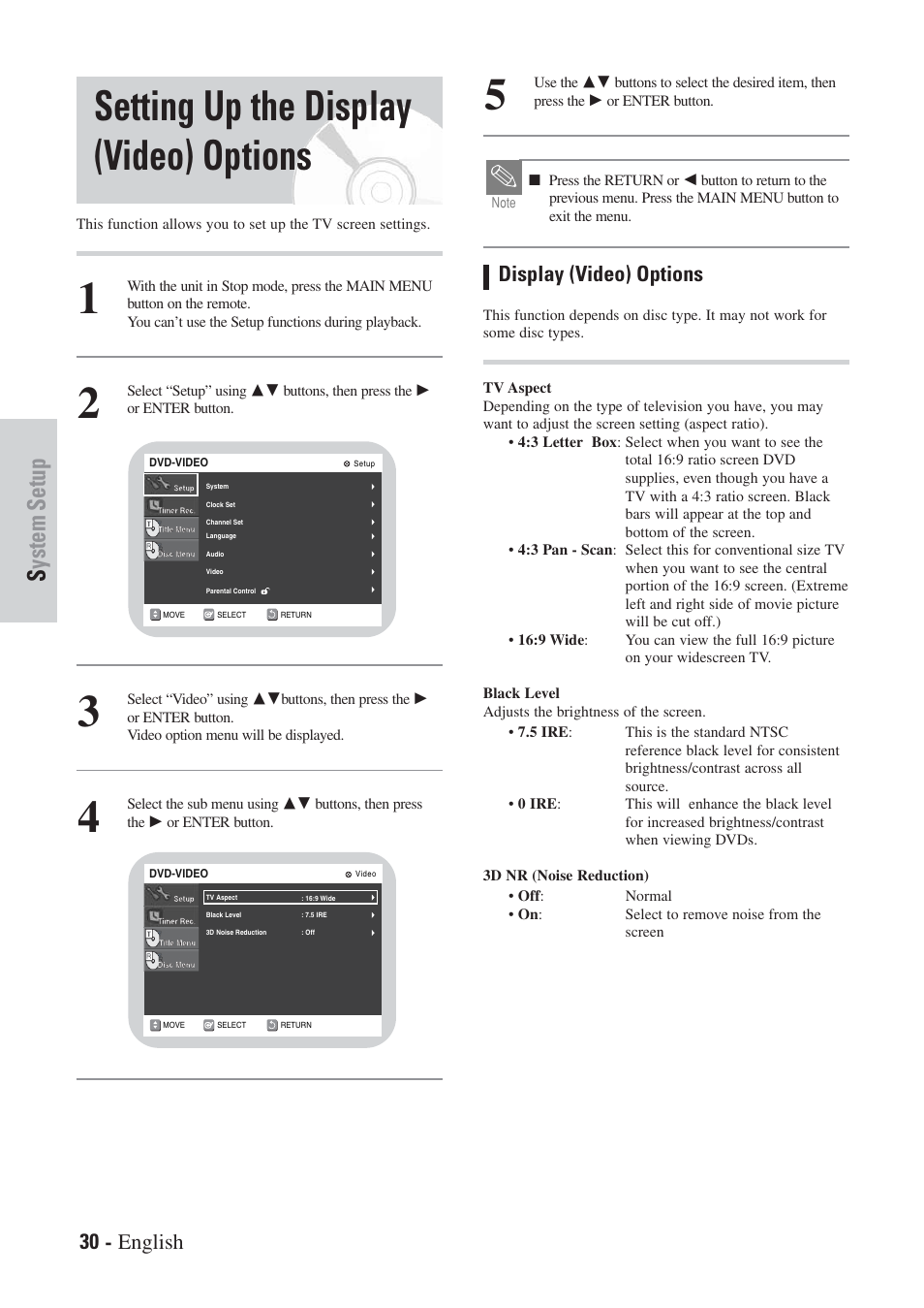 Setting up the display (video) options, System setup, 30 - english | Display (video) options | Hitachi DVRF7U User Manual | Page 30 / 120