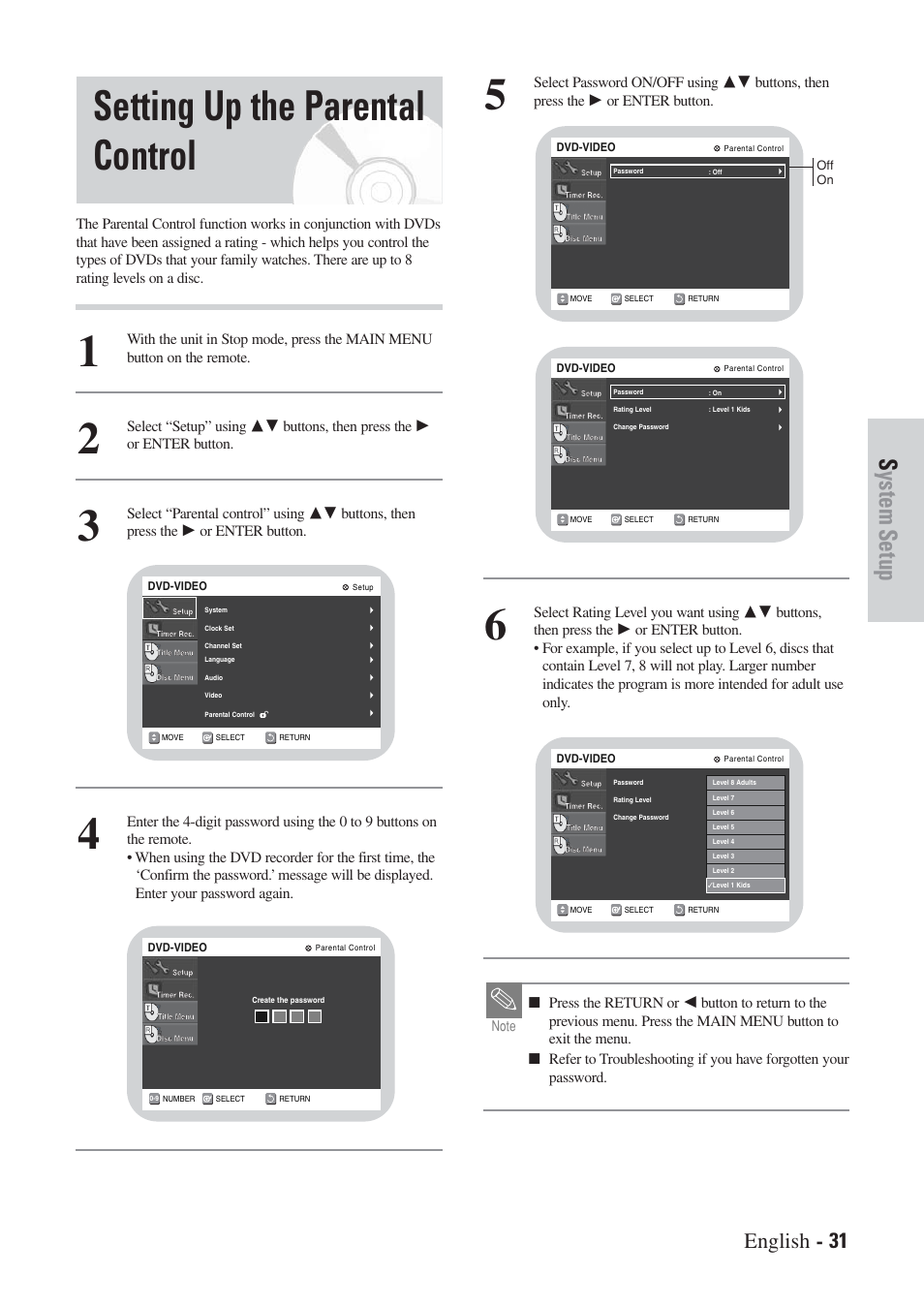 Setting up the parental control, System setup, English - 31 | Hitachi DVRF7U User Manual | Page 31 / 120