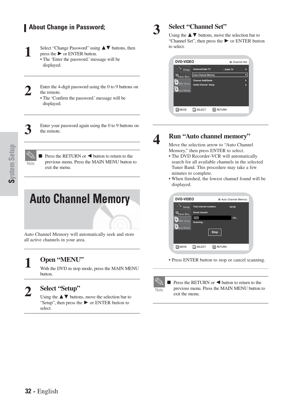 System setup, 32 - english, About change in password | Select “channel set, Open “menu, Select “setup | Hitachi DVRF7U User Manual | Page 32 / 120