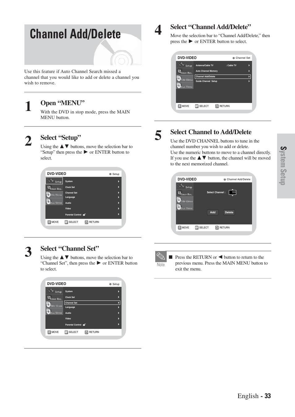 Channel add/delete, System setup, English - 33 | Open “menu, Select “setup, Select “channel set, Select “channel add/delete, Select channel to add/delete | Hitachi DVRF7U User Manual | Page 33 / 120