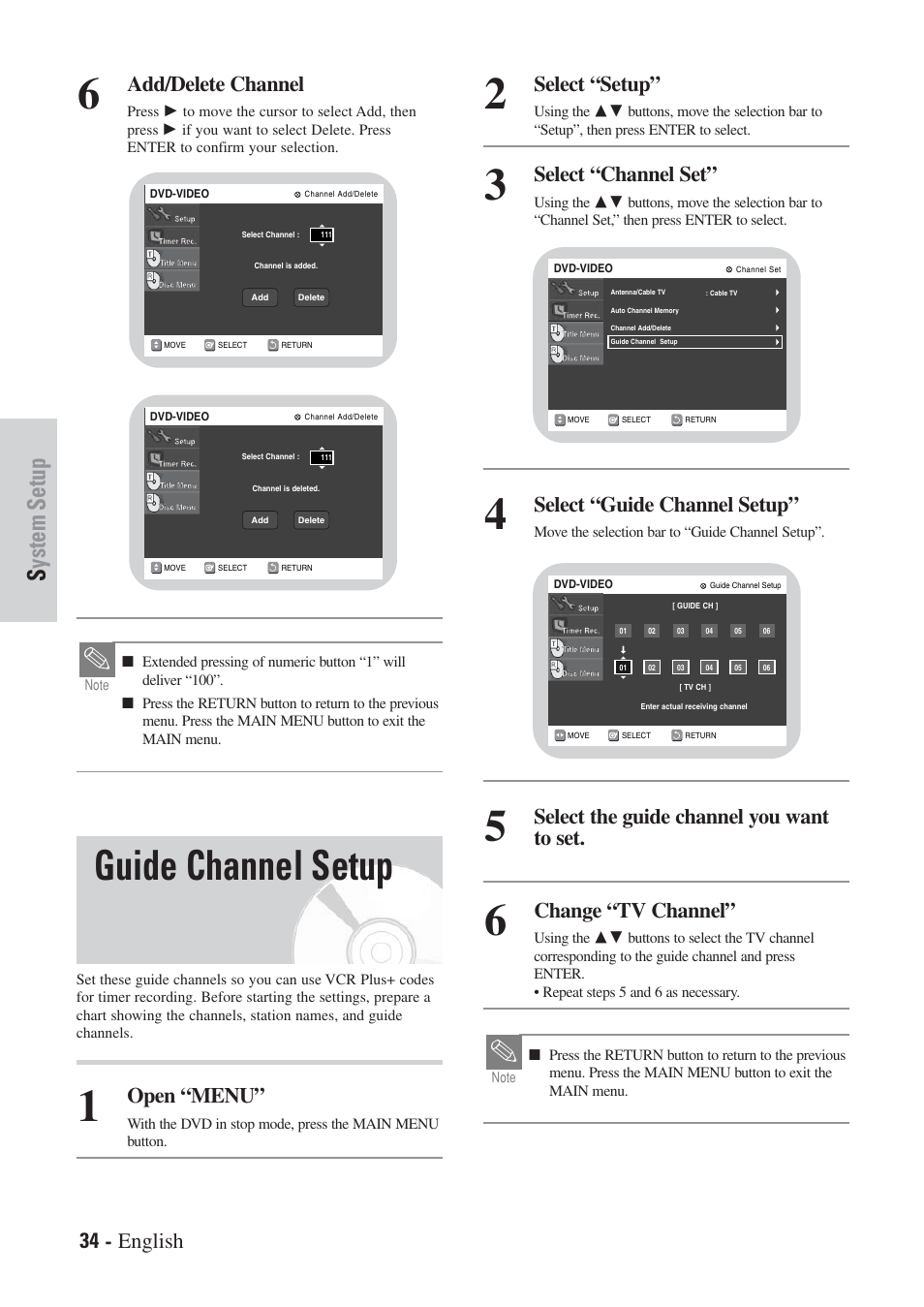 Guide channel setup, System setup, 34 - english | Add/delete channel, Select “setup, Select “channel set, Select “guide channel setup, Open “menu | Hitachi DVRF7U User Manual | Page 34 / 120