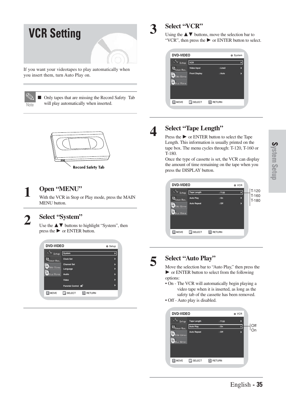 Vcr setting, System setup, English - 35 | Open “menu, Select “system, Select “vcr, Select “tape length, Select “auto play | Hitachi DVRF7U User Manual | Page 35 / 120