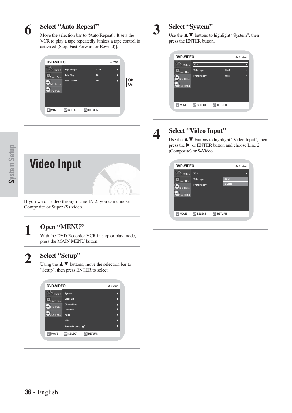 Video input, System setup, 36 - english | Select “auto repeat, Select “system, Select “video input, Open “menu, Select “setup | Hitachi DVRF7U User Manual | Page 36 / 120