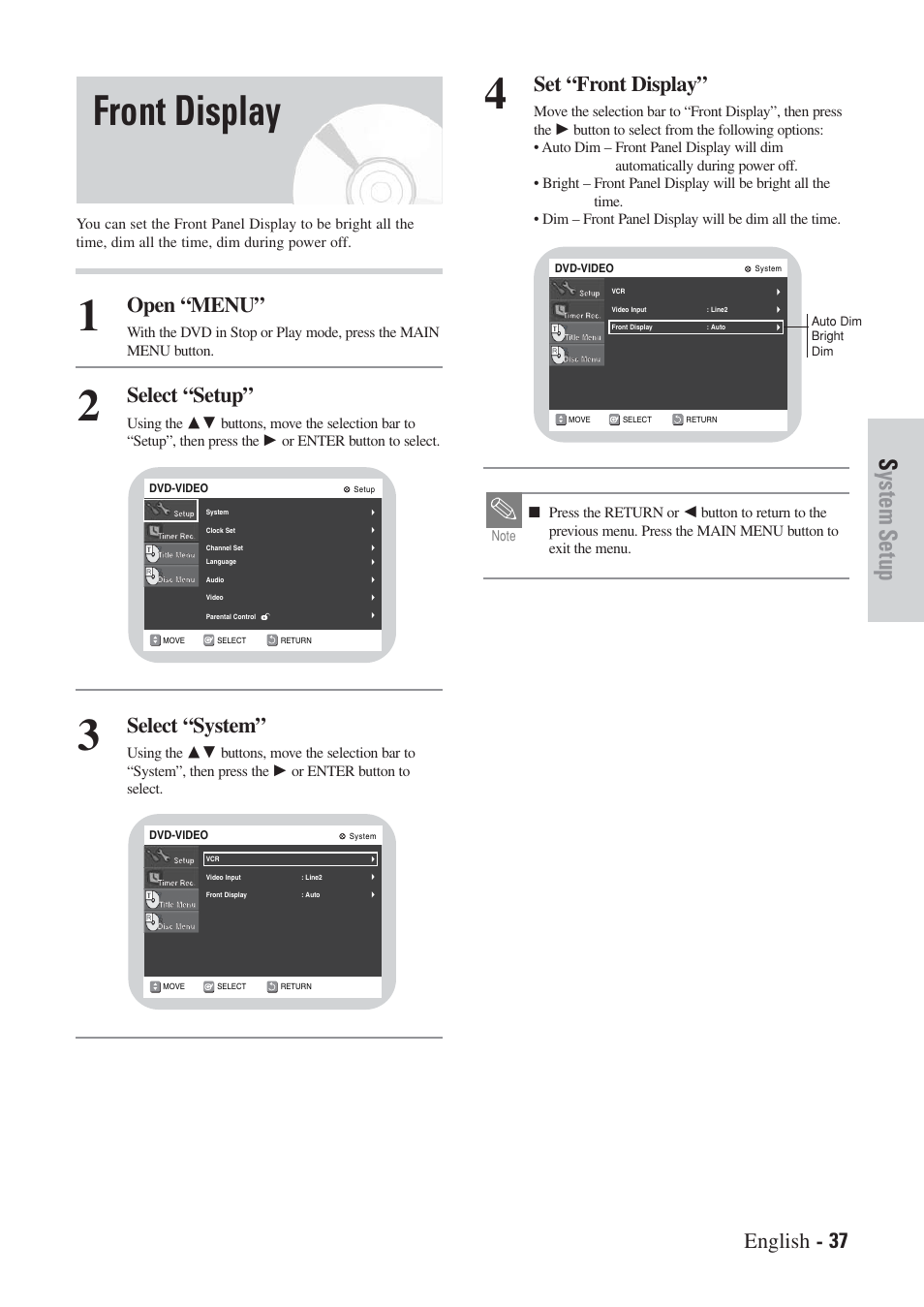 Front display, System setup, English - 37 | Open “menu, Select “setup, Select “system, Set “front display | Hitachi DVRF7U User Manual | Page 37 / 120