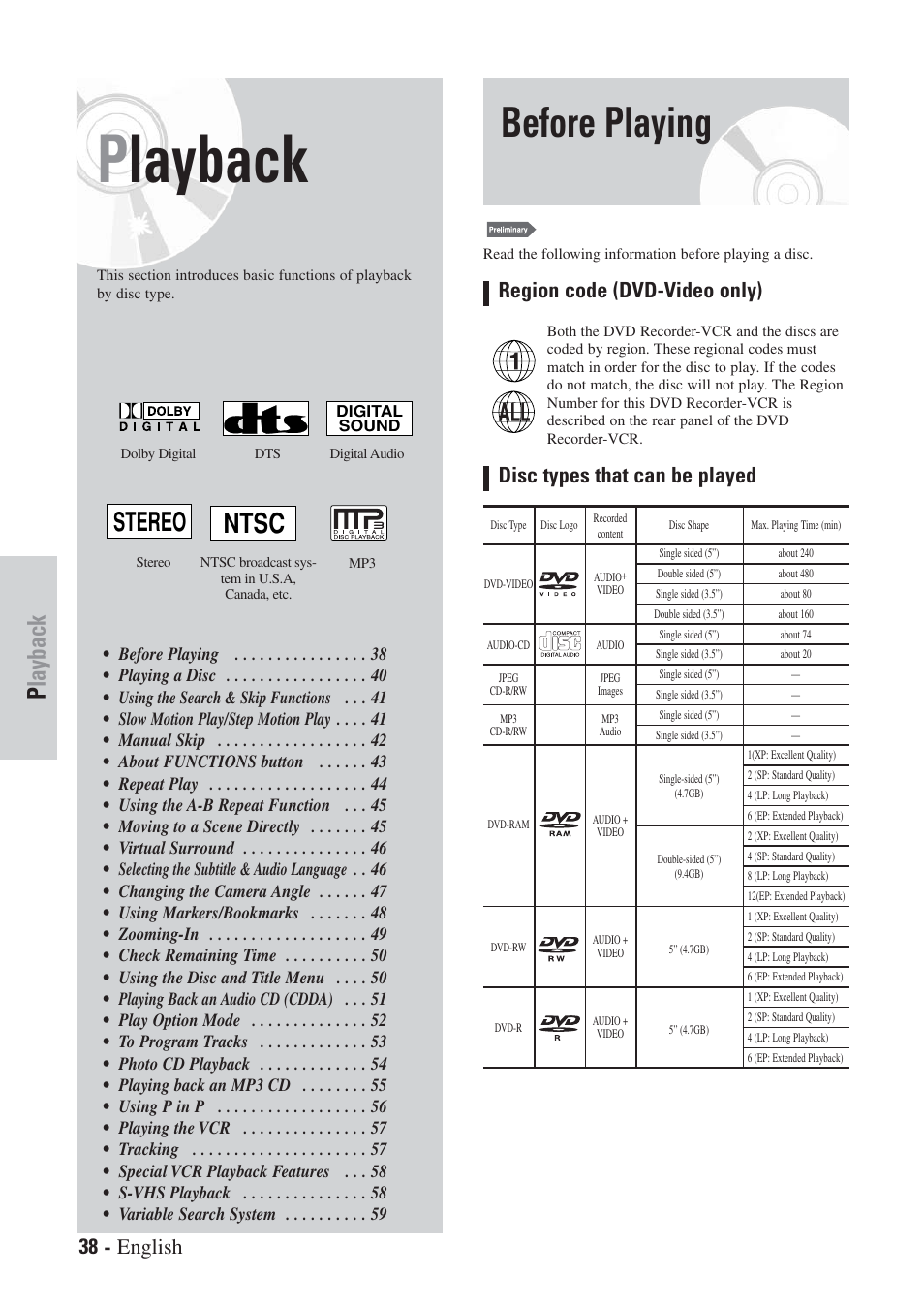 Before playing, Ntsc, Stereo | Playback, 38 - english, Region code (dvd-video only), Disc types that can be played | Hitachi DVRF7U User Manual | Page 38 / 120