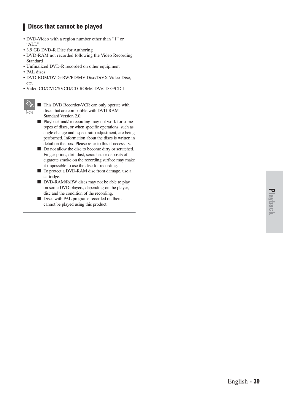 Playback, English - 39 discs that cannot be played | Hitachi DVRF7U User Manual | Page 39 / 120