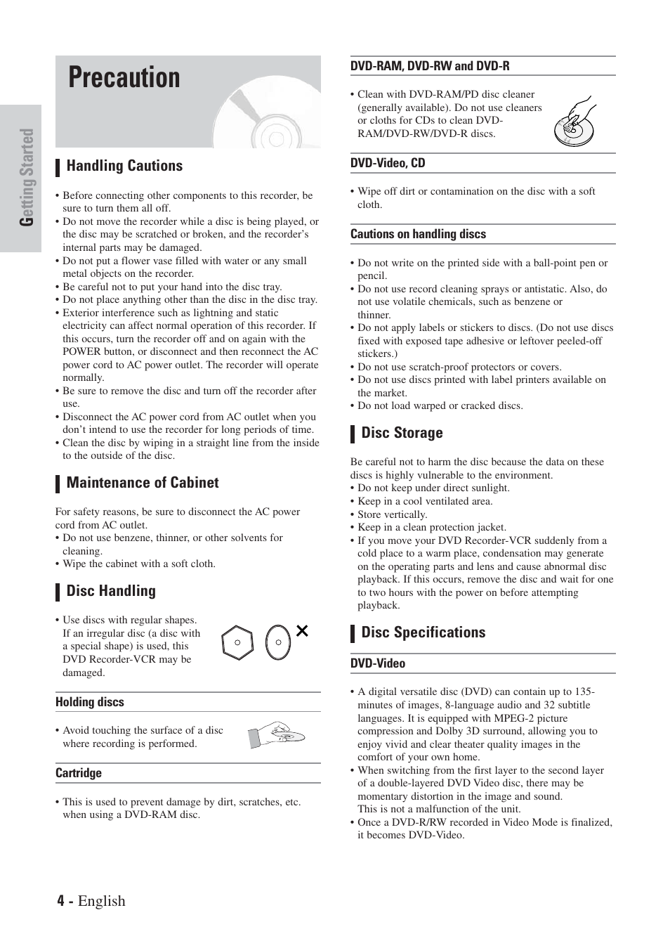 Precaution, Getting started, Handling cautions | Maintenance of cabinet, Disc handling, 4 - english, Disc storage, Disc specifications | Hitachi DVRF7U User Manual | Page 4 / 120
