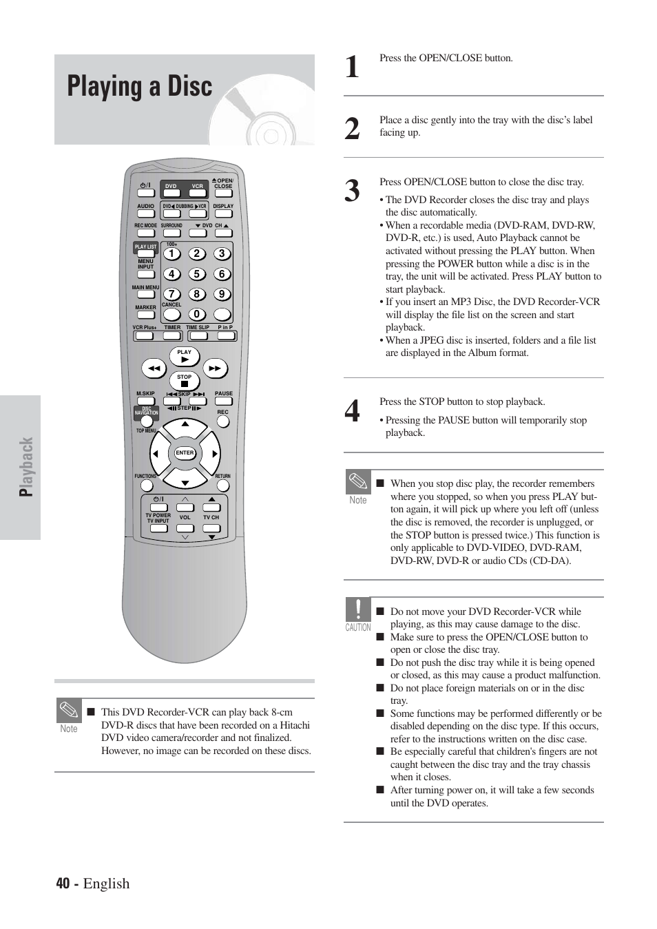 Playing a disc, Playback, 40 - english | Hitachi DVRF7U User Manual | Page 40 / 120