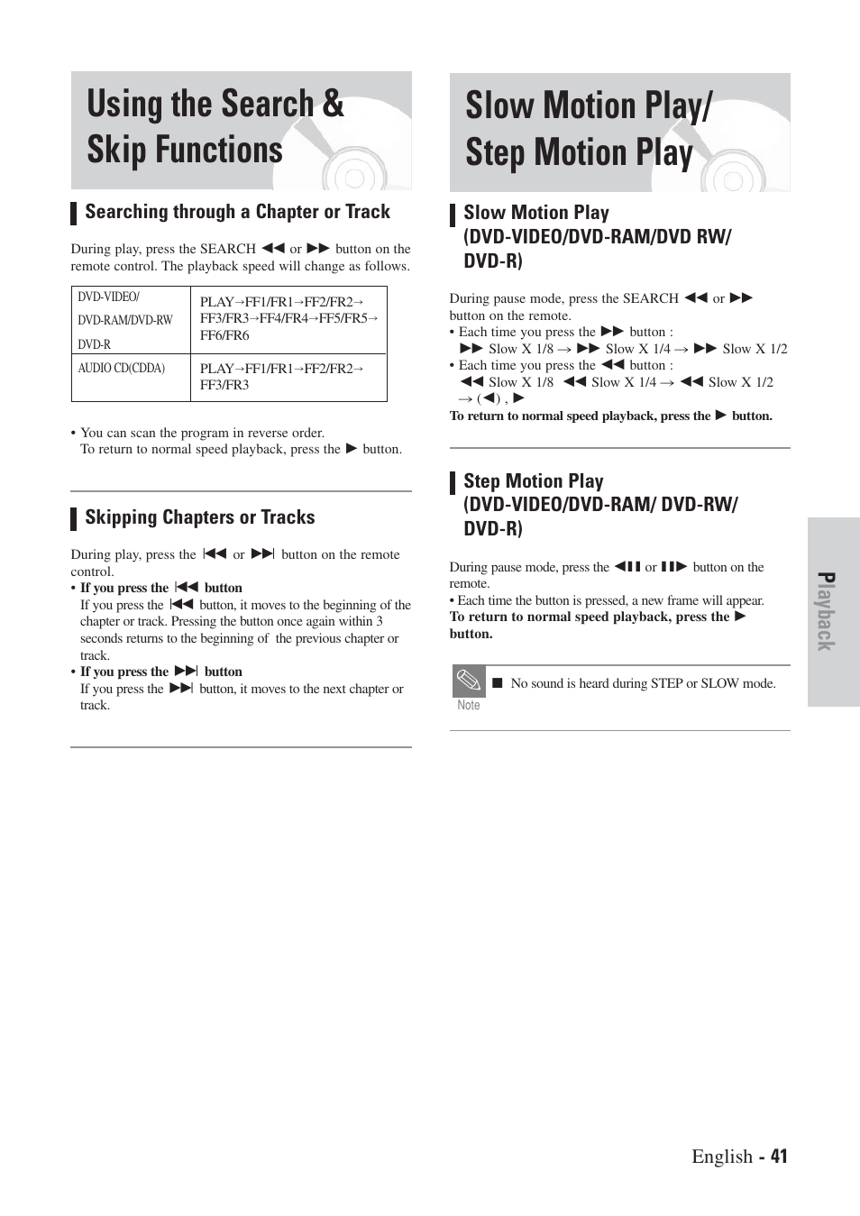 Playback, English - 41 searching through a chapter or track, Skipping chapters or tracks | Slow motion play (dvd-video/dvd-ram/dvd rw/ dvd-r) | Hitachi DVRF7U User Manual | Page 41 / 120