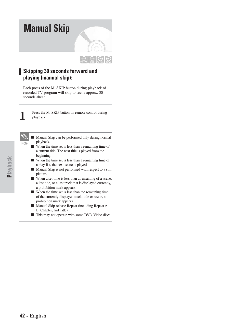 Manual skip, Playback | Hitachi DVRF7U User Manual | Page 42 / 120
