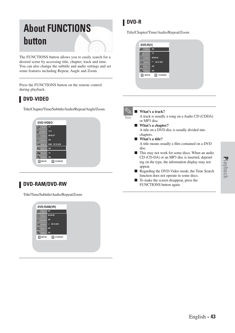About functions button, Playback, Dvd-video | Dvd-ram/dvd-rw, Dvd-r, English - 43, Title/time/subtitle/audio/repeat/zoom | Hitachi DVRF7U User Manual | Page 43 / 120