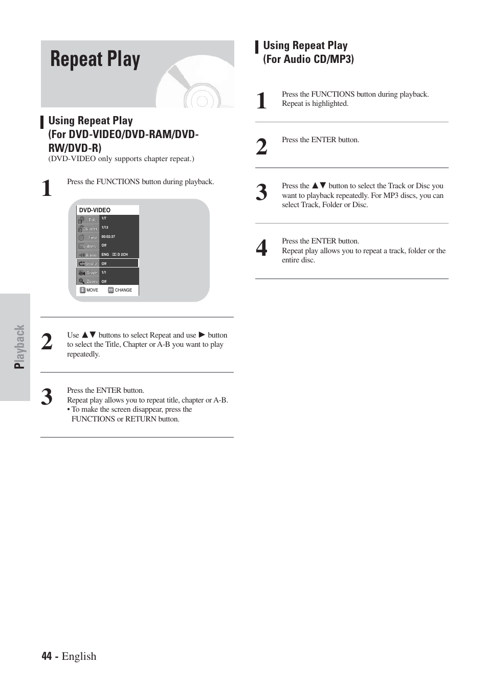 Repeat play, Playback | Hitachi DVRF7U User Manual | Page 44 / 120