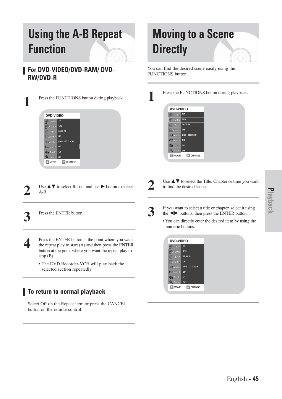 Moving to a scene directly, Using the a-b repeat function, Playback | English - 45 for dvd-video/dvd-ram/ dvd- rw/dvd-r | Hitachi DVRF7U User Manual | Page 45 / 120