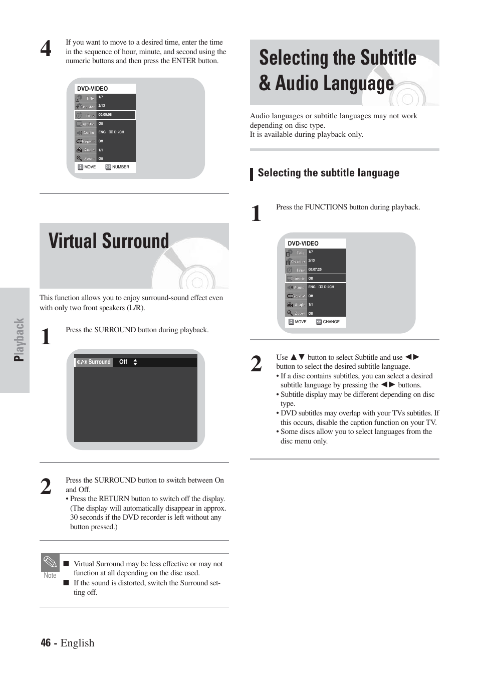 Selecting the subtitle & audio language, Virtual surround, Playback | 46 - english, Selecting the subtitle language | Hitachi DVRF7U User Manual | Page 46 / 120