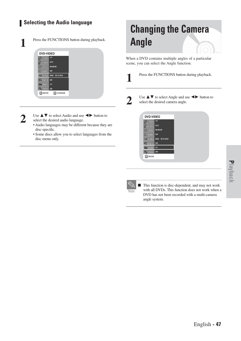 Changing the camera angle, Playback, Selecting the audio language | English - 47 | Hitachi DVRF7U User Manual | Page 47 / 120