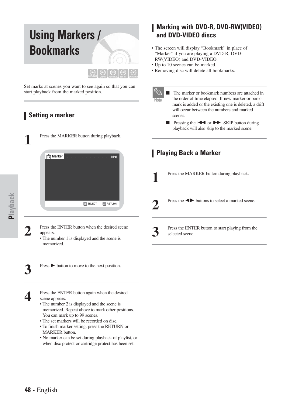 Using markers / bookmarks, Playback, Setting a marker | Playing back a marker, 48 - english | Hitachi DVRF7U User Manual | Page 48 / 120