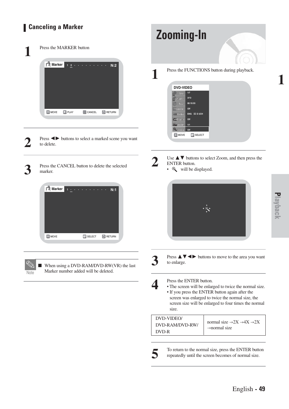 Zooming-in, Playback, Canceling a marker | English - 49 | Hitachi DVRF7U User Manual | Page 49 / 120