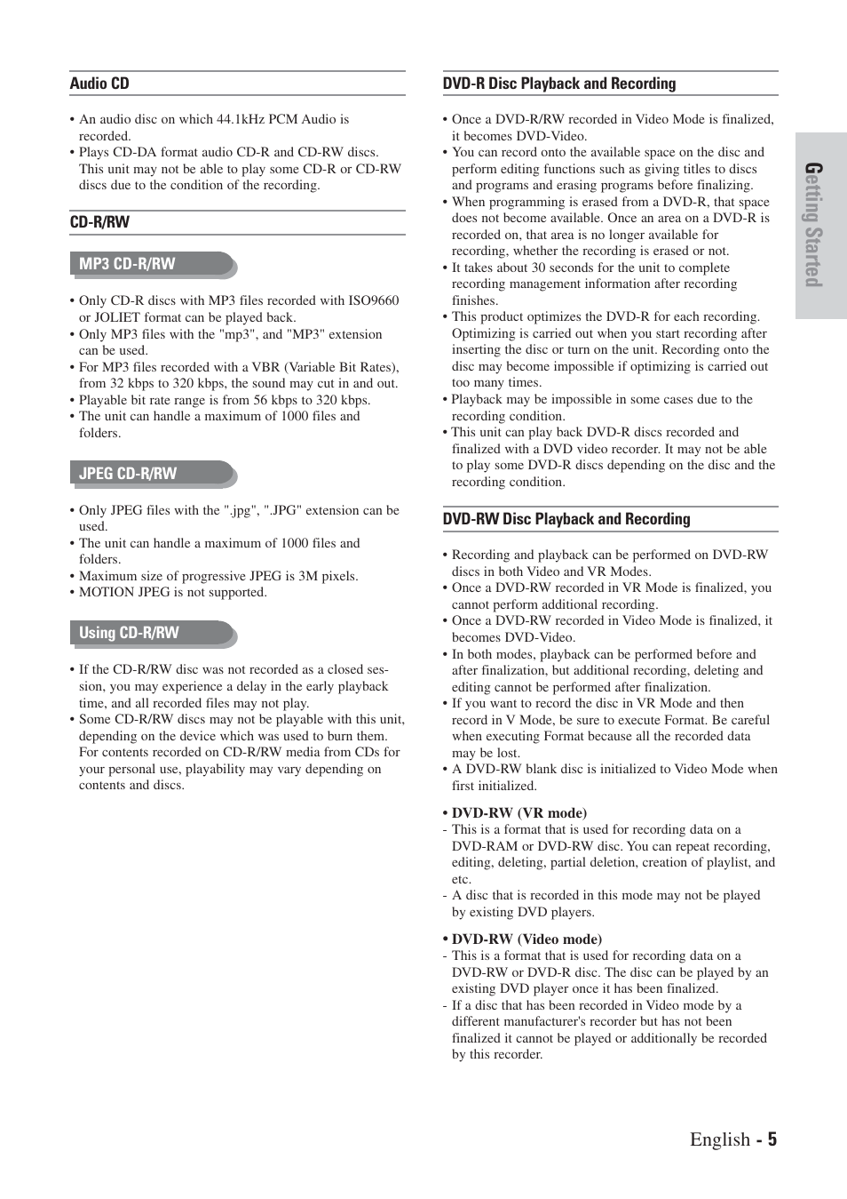 Getting started, English - 5 | Hitachi DVRF7U User Manual | Page 5 / 120