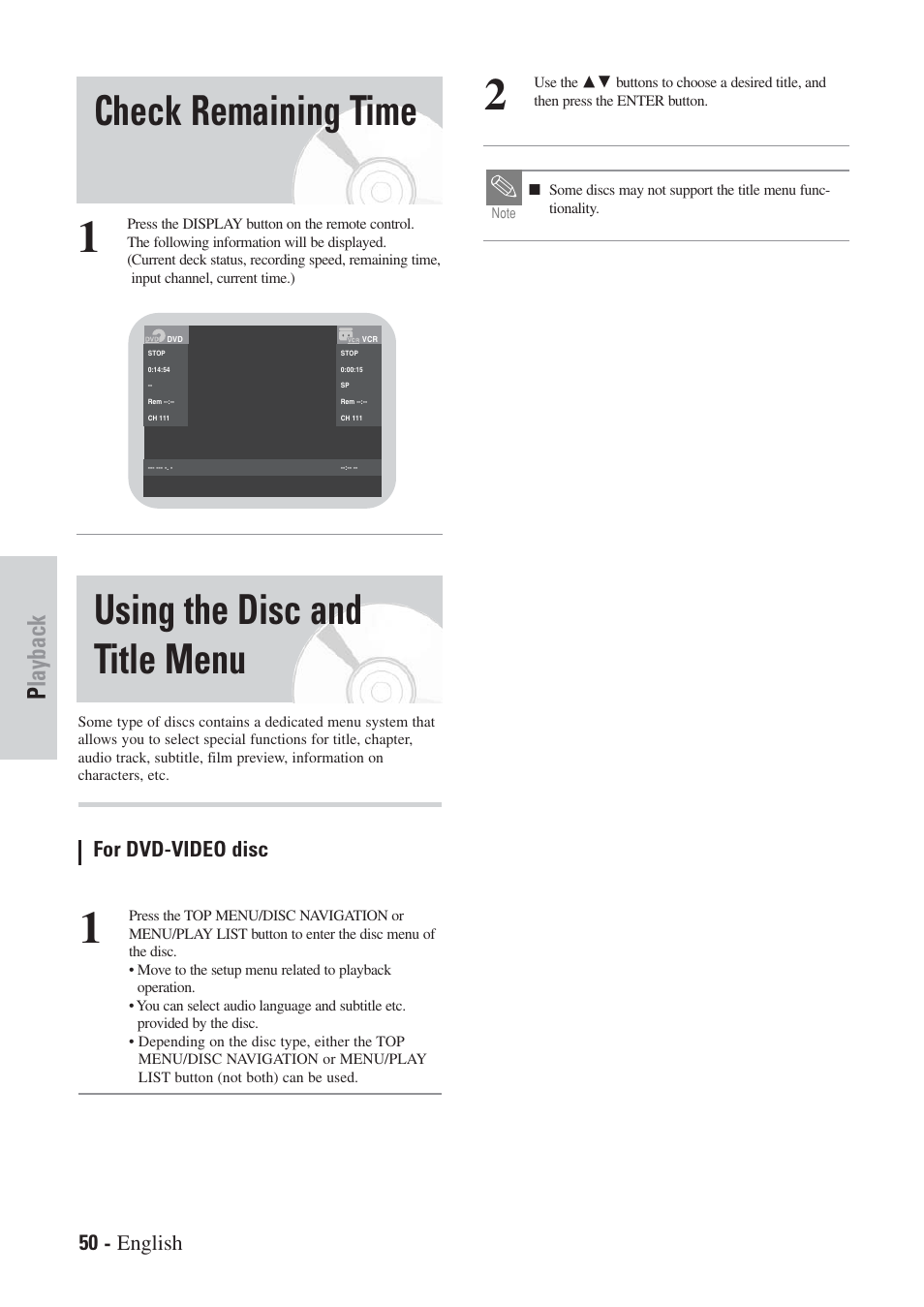 Using the disc and title menu, Check remaining time, Playback | 50 - english, For dvd-video disc | Hitachi DVRF7U User Manual | Page 50 / 120