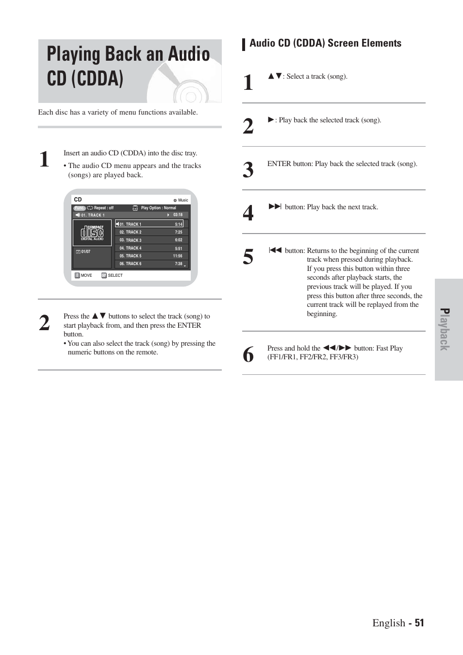 Playing back an audio cd (cdda), Playback, Audio cd (cdda) screen elements | English - 51 | Hitachi DVRF7U User Manual | Page 51 / 120