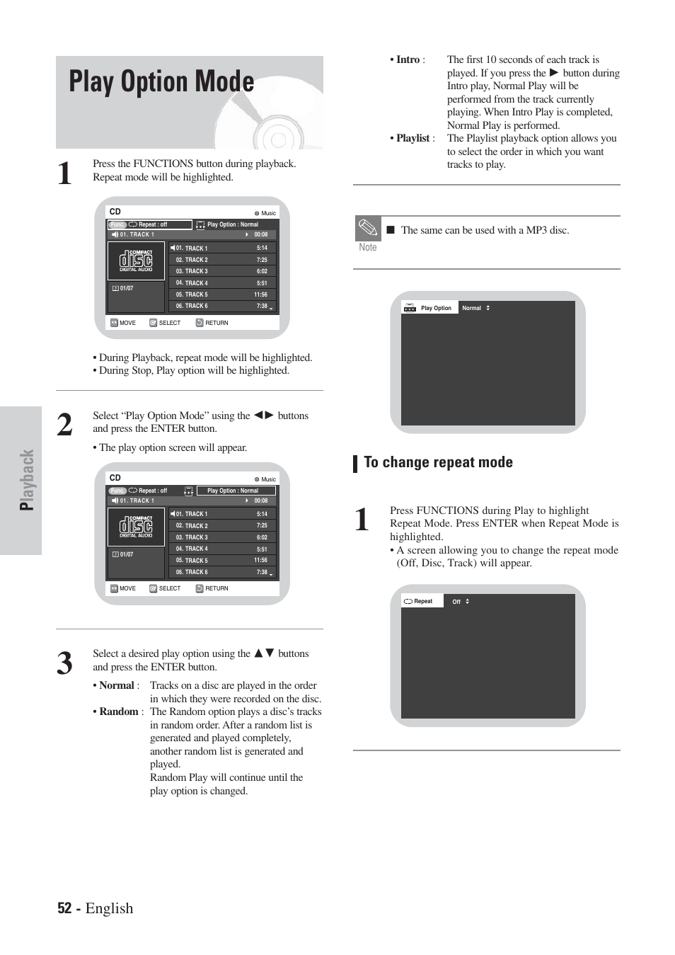 Play option mode, Playback, 52 - english | Hitachi DVRF7U User Manual | Page 52 / 120