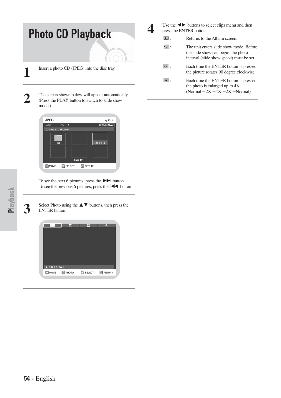 Photo cd playback, Playback, 54 - english | Hitachi DVRF7U User Manual | Page 54 / 120