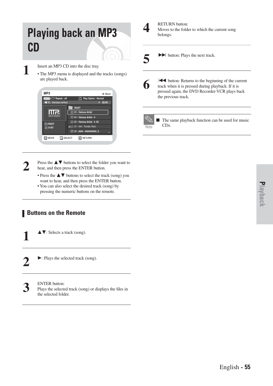 Playing back an mp3 cd, Playback | Hitachi DVRF7U User Manual | Page 55 / 120