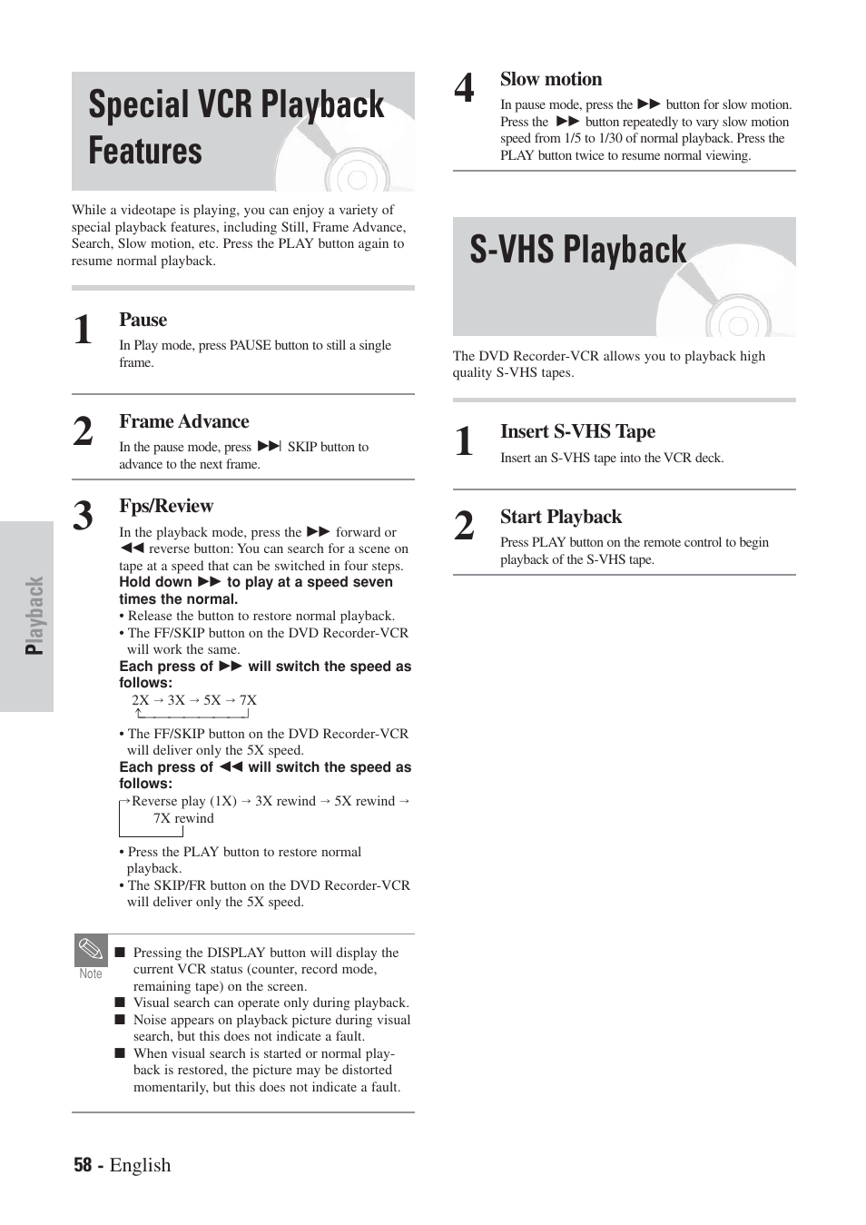 S-vhs playback special vcr playback features, Playback | Hitachi DVRF7U User Manual | Page 58 / 120