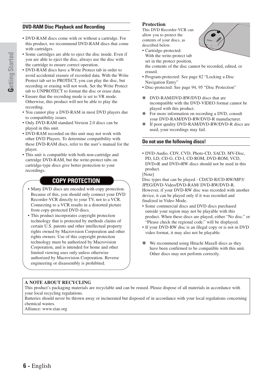 Getting started, 6 - english, Copy protection | Hitachi DVRF7U User Manual | Page 6 / 120