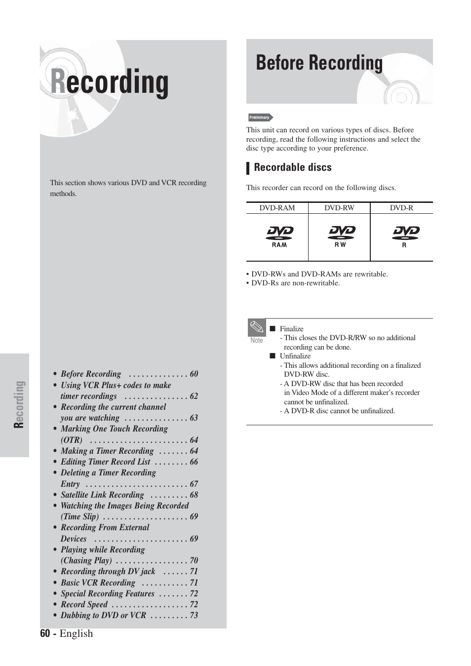 Before recording, Recording | Hitachi DVRF7U User Manual | Page 60 / 120