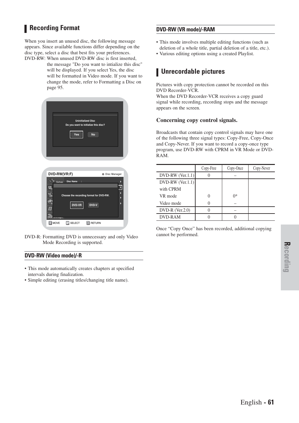 Recording, Recording format, Unrecordable pictures | English - 61, Dvd-rw (video mode)/-r, Dvd-rw (vr mode)/-ram, Concerning copy control signals | Hitachi DVRF7U User Manual | Page 61 / 120