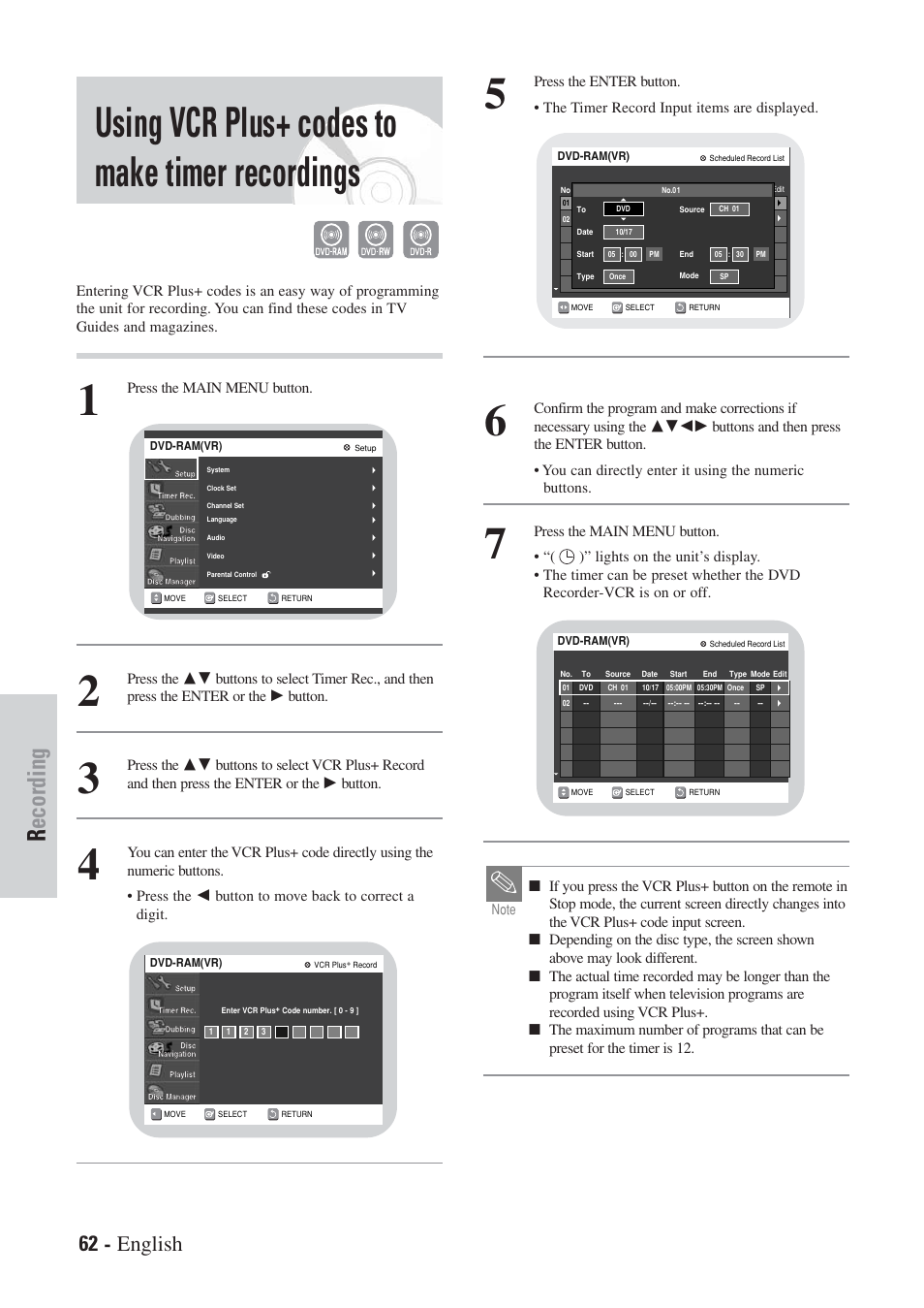 Using vcr plus+ codes to make timer recordings, Recording, 62 - english | Hitachi DVRF7U User Manual | Page 62 / 120