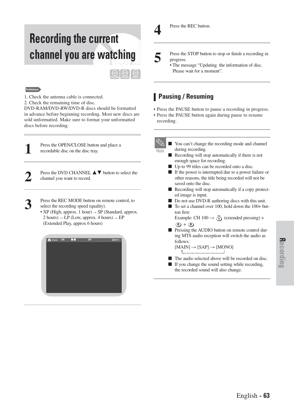 Recording the current channel you are watching, Recording, English - 63 | Pausing / resuming | Hitachi DVRF7U User Manual | Page 63 / 120