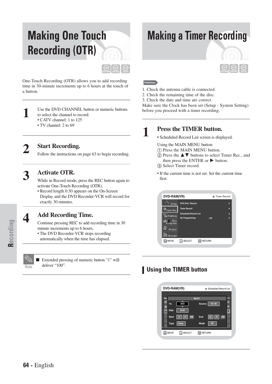 Making a timer recording, Making one touch recording (otr), Recording | Start recording, Activate otr, Add recording time, Press the timer button, Using the timer button, 64 - english | Hitachi DVRF7U User Manual | Page 64 / 120