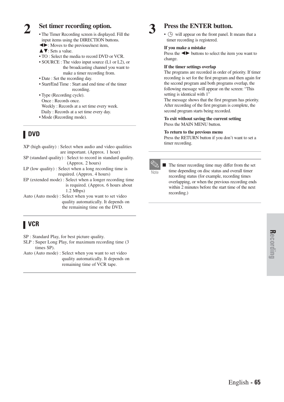Recording, Set timer recording option, Press the enter button | English - 65 | Hitachi DVRF7U User Manual | Page 65 / 120