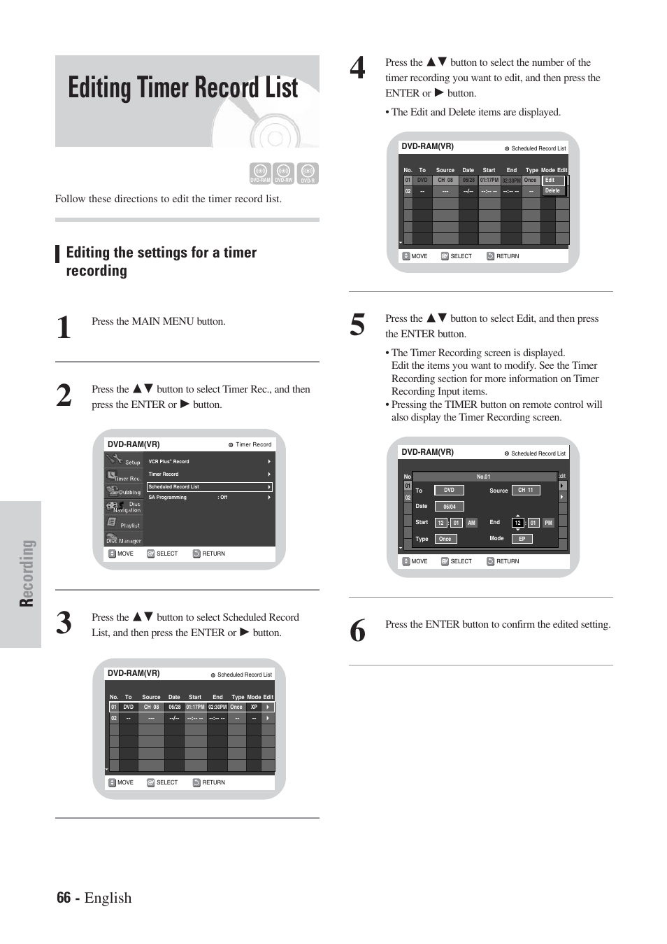 Editing timer record list, Recording, Editing the settings for a timer recording | 66 - english, Press the main menu button. press the, Button. press the, Button, Press the | Hitachi DVRF7U User Manual | Page 66 / 120