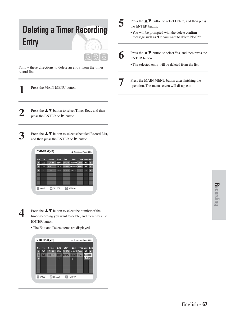 Deleting a timer recording entry, Recording, English - 67 | Hitachi DVRF7U User Manual | Page 67 / 120