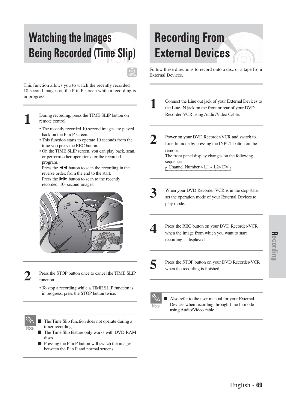 Watching the images being recorded (time slip), Recording from external devices, Recording | Hitachi DVRF7U User Manual | Page 69 / 120