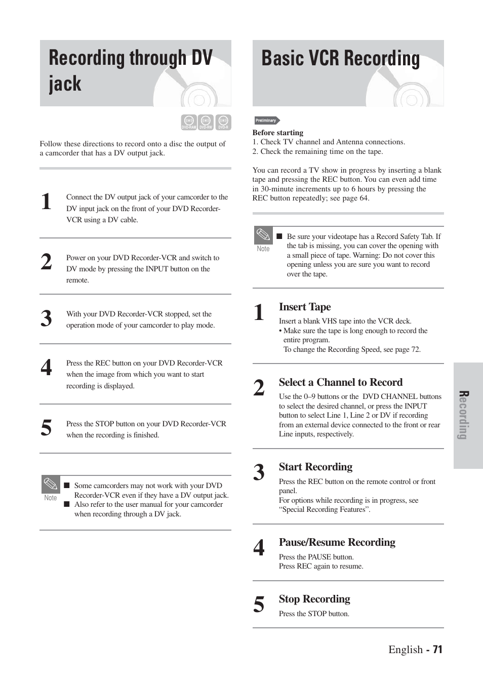 Recording through dv jack, Basic vcr recording | Hitachi DVRF7U User Manual | Page 71 / 120