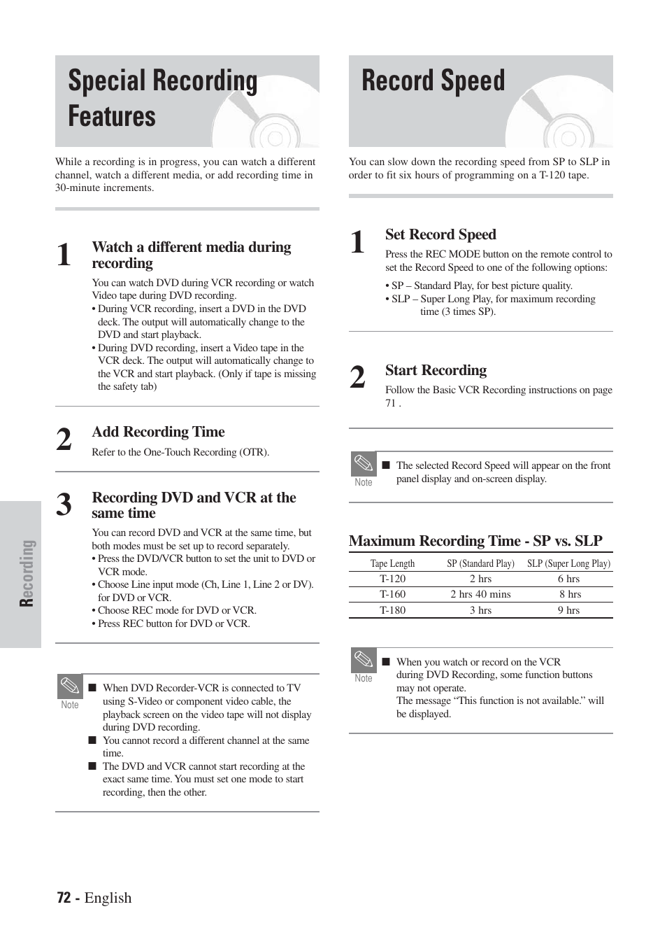 Special recording features record speed, Recording | Hitachi DVRF7U User Manual | Page 72 / 120