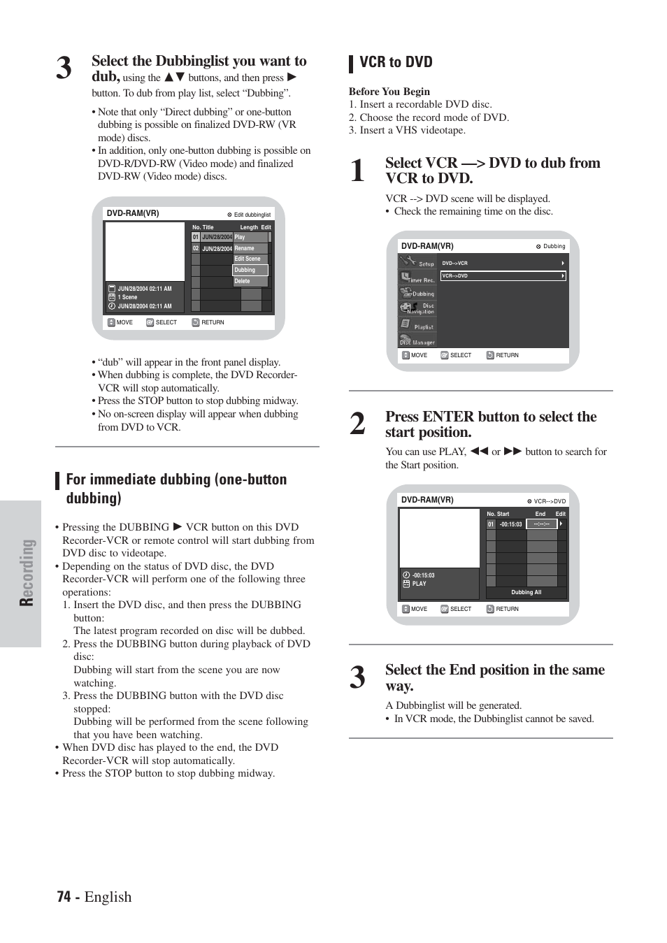 Recording, 74 - english, Select the dubbinglist you want to dub | For immediate dubbing (one-button dubbing), Vcr to dvd, Select vcr —> dvd to dub from vcr to dvd, Press enter button to select the start position, Select the end position in the same way | Hitachi DVRF7U User Manual | Page 74 / 120