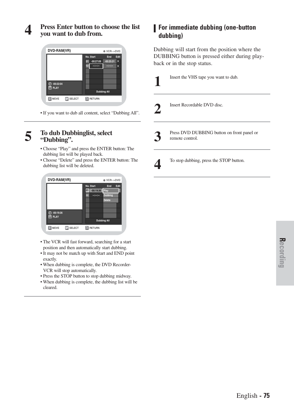 Recording, English - 75, For immediate dubbing (one-button dubbing) | Hitachi DVRF7U User Manual | Page 75 / 120