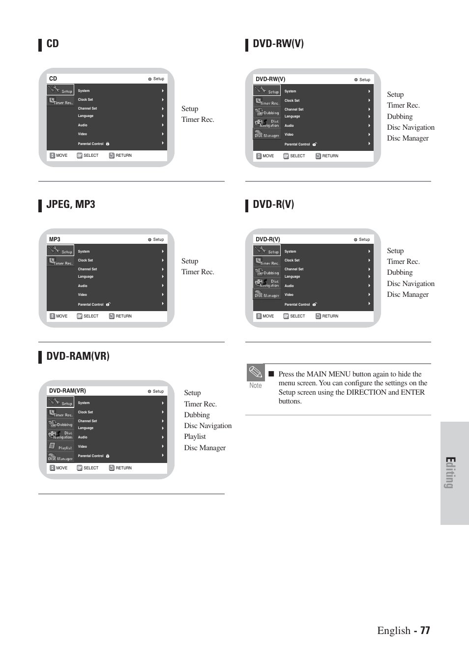 Editing, Setup timer rec | Hitachi DVRF7U User Manual | Page 77 / 120
