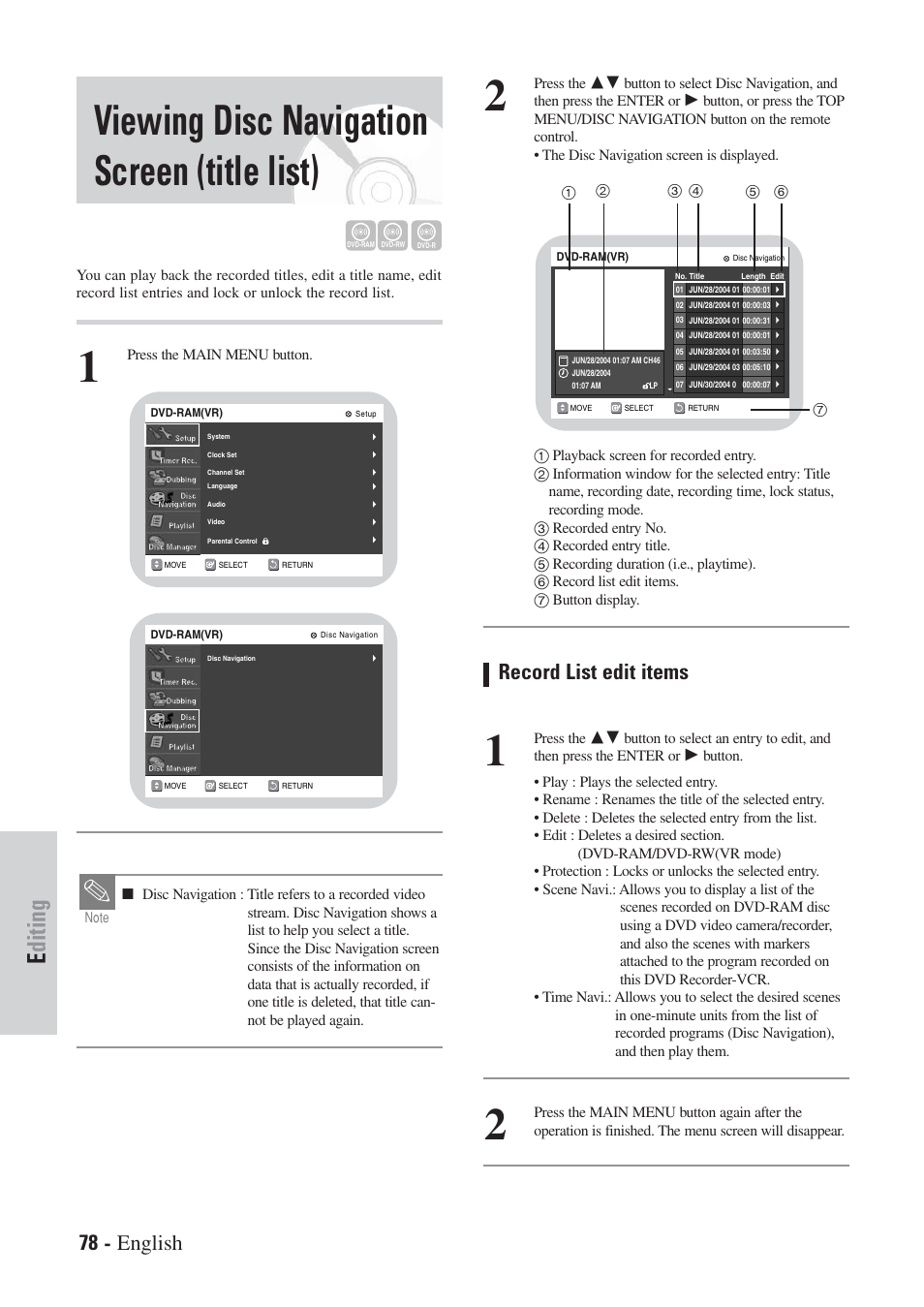 Viewing disc navigation screen (title list), Editing, 78 - english | Record list edit items | Hitachi DVRF7U User Manual | Page 78 / 120