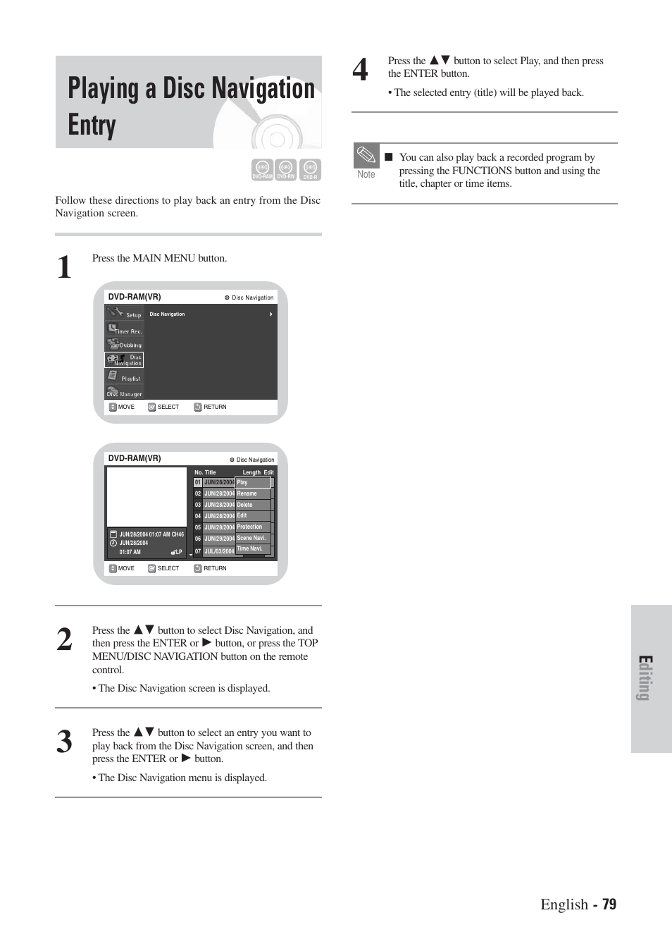 Playing a disc navigation entry, Editing, English - 79 | Hitachi DVRF7U User Manual | Page 79 / 120