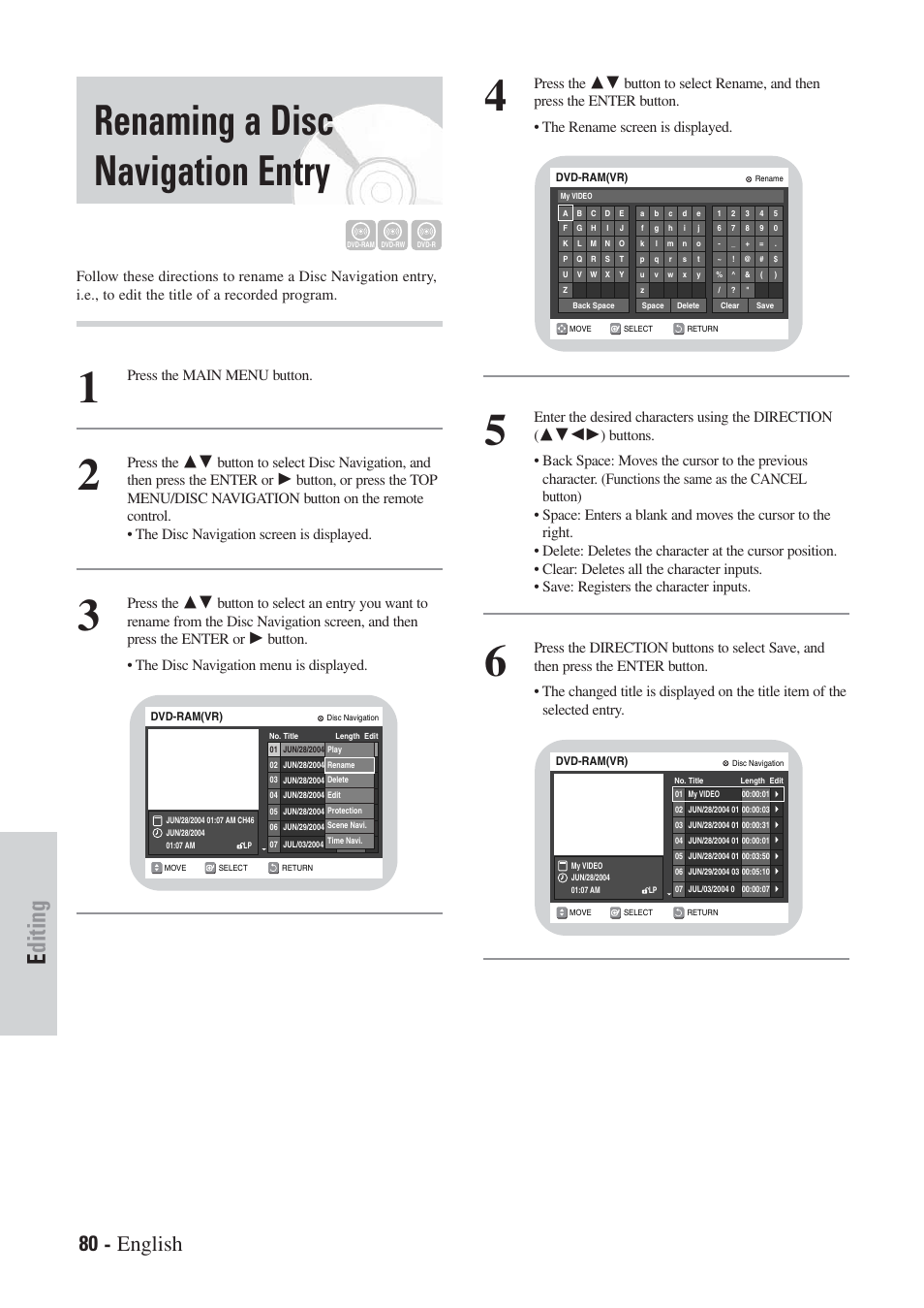 Renaming a disc navigation entry, Editing, 80 - english | Button. • the disc navigation menu is displayed, Press the | Hitachi DVRF7U User Manual | Page 80 / 120