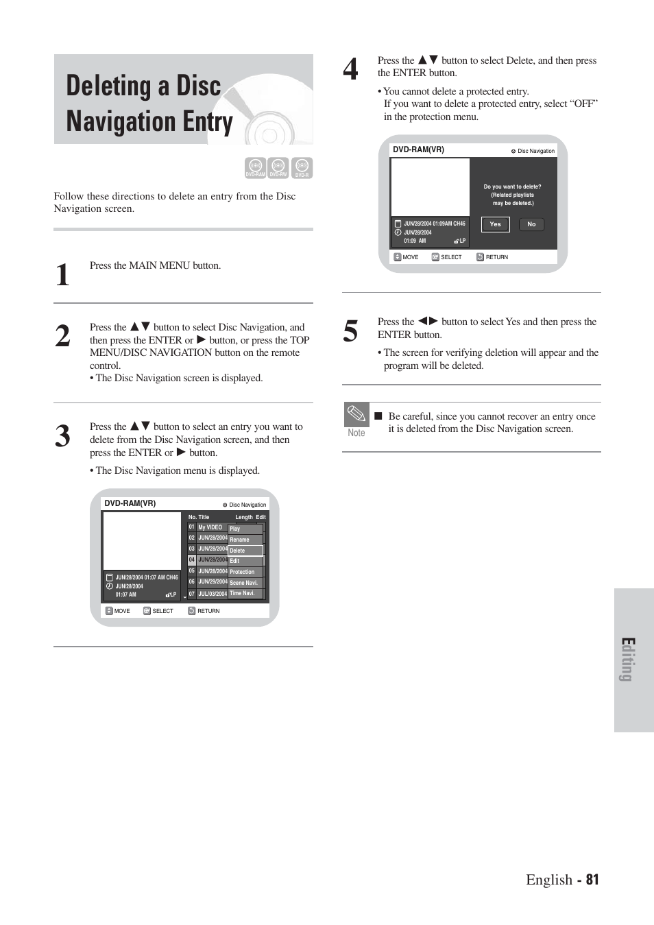 Deleting a disc navigation entry, Editing, English - 81 | Hitachi DVRF7U User Manual | Page 81 / 120