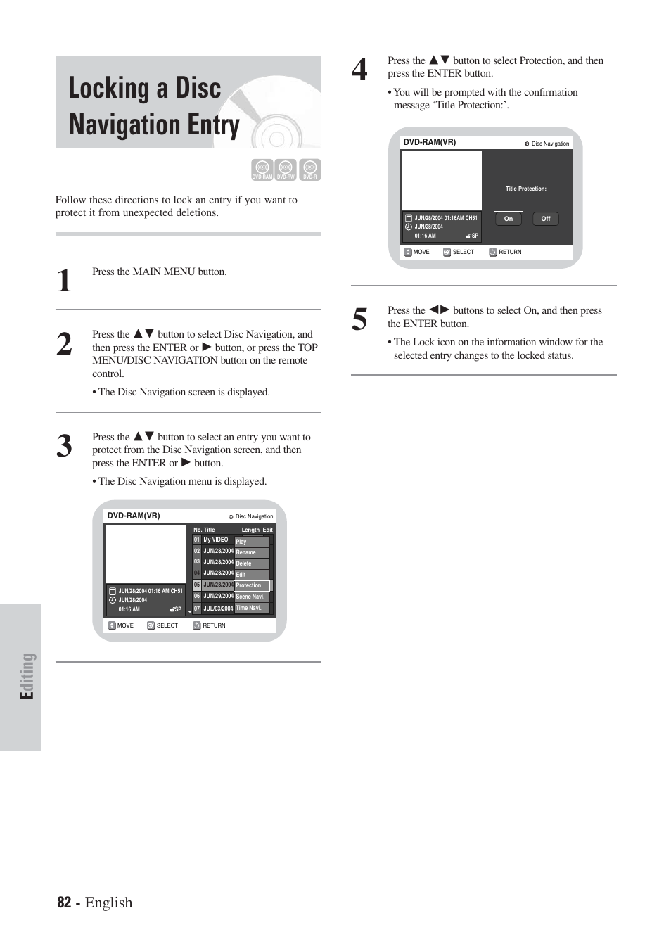 Locking a disc navigation entry, Editing, 82 - english | Hitachi DVRF7U User Manual | Page 82 / 120