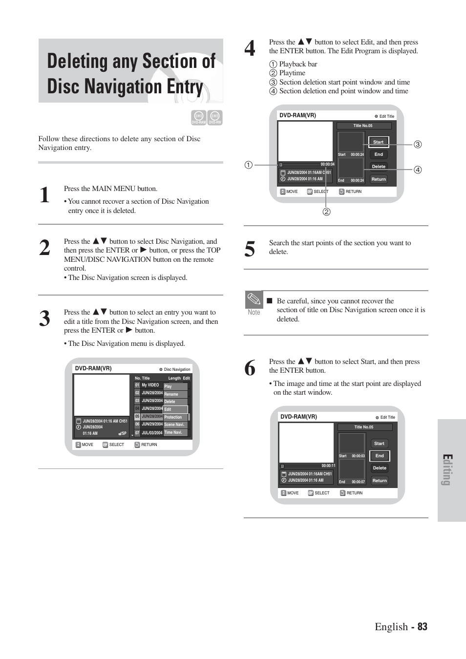 Editing, English - 83 | Hitachi DVRF7U User Manual | Page 83 / 120