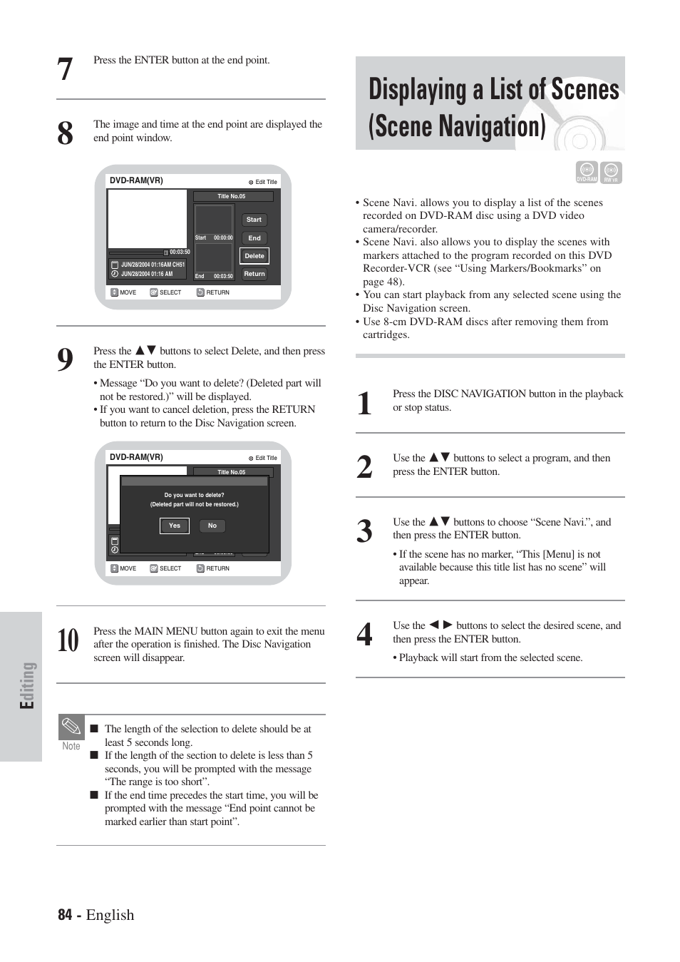Displaying a list of scenes (scene navigation), Editing, 84 - english | Hitachi DVRF7U User Manual | Page 84 / 120